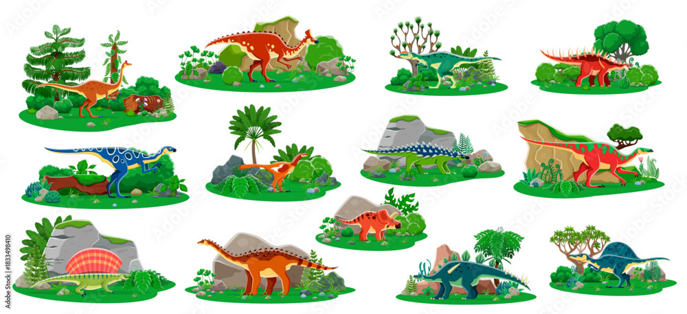 Fototapeta premium Prehistoric cartoon dinosaurs and Jurassic lizards with reptiles in jungle forest, vector set. Kids dino collection of giant lizards and prehistoric animals for encyclopedia or dinosaurs atlas book
