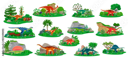 Prehistoric cartoon dinosaurs and Jurassic lizards with reptiles in jungle forest, vector set. Kids dino collection of giant lizards and prehistoric animals for encyclopedia or dinosaurs atlas book