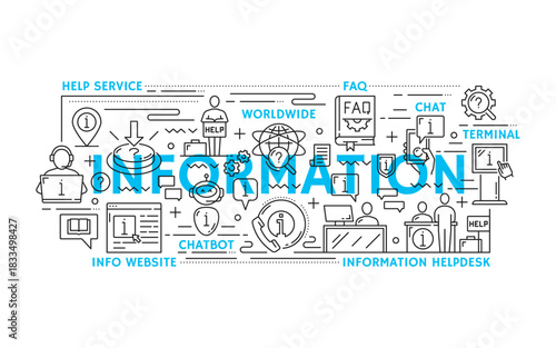 Information line icons of instruction and help, privacy policy and manual guide, vector pictograms, Information icons of helpdesk and chatbot assistant, FAQ book and info point terminal or call center
