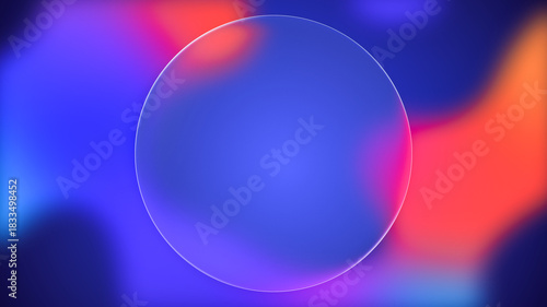 Transparent circle liquid glass frame background, realistic blank glassmorphism user interface, abstract empty frosted plate on blue fluid gradient backdrop, blur UI display design illustration