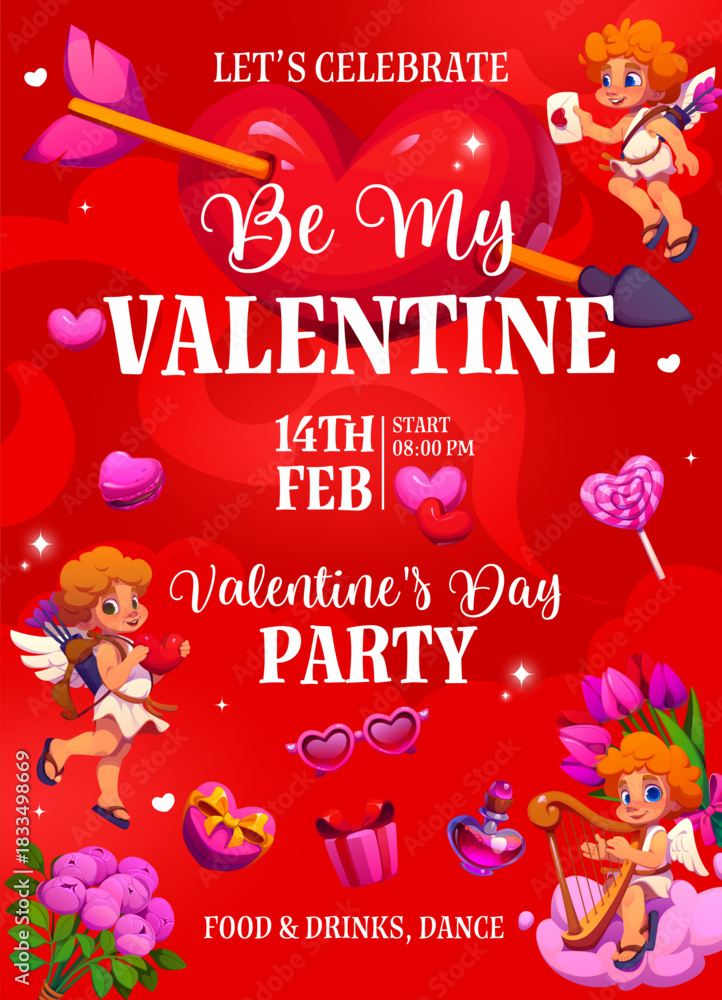 Obraz premium Valentine day party flyer for love holiday invitation with hearts and cherub angels, vector poster. Valentine day entertainment party flyer for entry with broken heart with arrow, flowers and candies