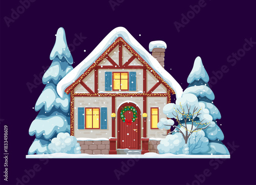 Winter Christmas snowy half timbered house building, vector village cottage with glowing windows, wreath on the door and bright garlands, surrounded with tall spruce trees under the cold night sky