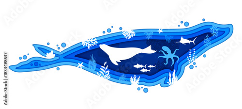 Paper cut seal silhouette with underwater landscape, sea animals and fishes, vector banner. Ocean undersea or sea underwater landscape, octopus and tuna with seaweeds in seal paper cut frame