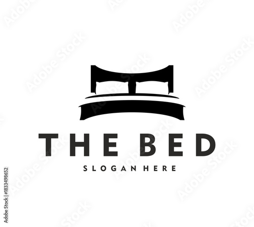 Hotel bed icon for hostel or guest house rooms rent and travel accommodation, vector emblem. Home furniture or interior design studio badge with silhouette of bed and two pillows for night sleeping