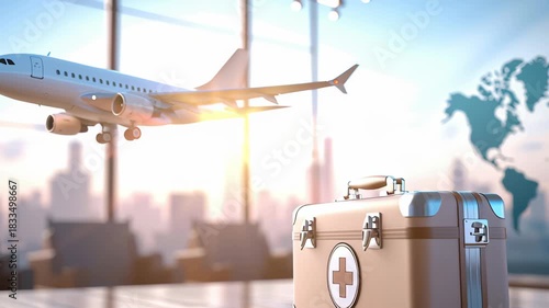 Medical travel kit airplane airport world map travel health emergency first aid suitcase essential care ready for journey safety focus calm travel