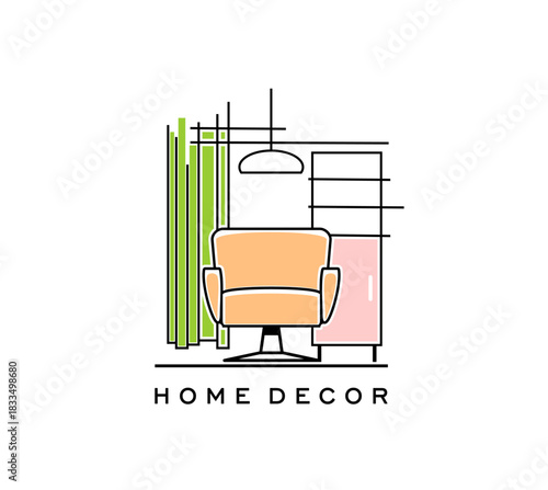 Home interior icon for decor design studio or furniture store and showroom, vector emblem. Home interior thin line icon of chair with curtain, lamp and wardrobe for room interior and home design salon
