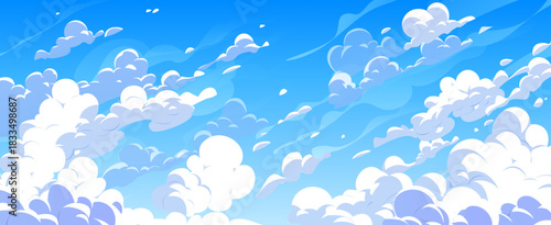 Cartoon summer anime manga sky clouds, vector background with sunny day light. Anime manga sky blue landscape with clouds for flight freedom and cloudy scenery with wind effect in summer cloudscape