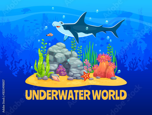Underwater sealife landscape of undersea world, cartoon vector poster. Sea and ocean underwater world of aquarium or oceanarium with hammerhead shark fish, coral reef tropical clownfish and starfish