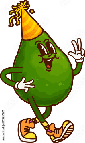 Groovy Mexican avocado cartoon character in birthday cap with funny face, vector personage. Groovy avocado in party hat with crazy silly smile on happy face and cool gesture for funky fruit character