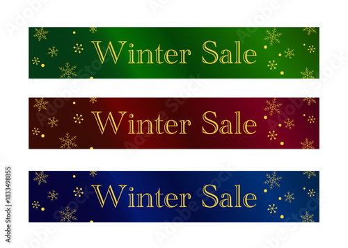 冬の雪の結晶を散りばめた緑・赤・青の3色によるWinter Saleバナーセットデザイン
