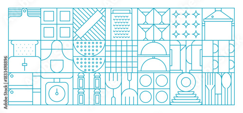 Utensil kitchenware abstract geometric pattern. Linear grid with kitchen cookware arranged in a geometric layout. Includes items like cutting boards, graters, scales, forks, dishes and spice shakers