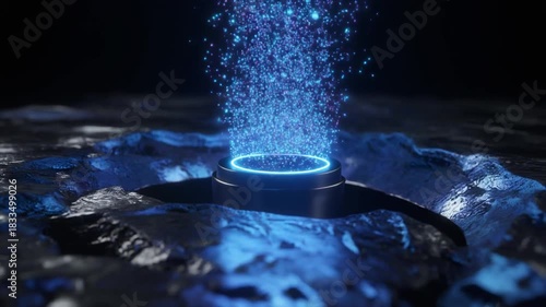 A futuristic nanocure device emitting a powerful beam of blue energy particles in a dark sci-fi setting