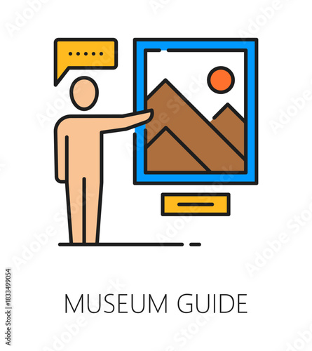 Museum art gallery and exhibition color line icon of guide, vector pictogram. Museum antique exhibition and art gallery icon of guided tours for artist paintings and artwork masterpiece exposition