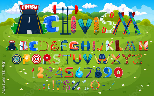 Funny fitness type, cartoon sport font, soccer and football typeface, kids activity English alphabet. Vector sports letters and numbers and symbols on green field for children activities and education