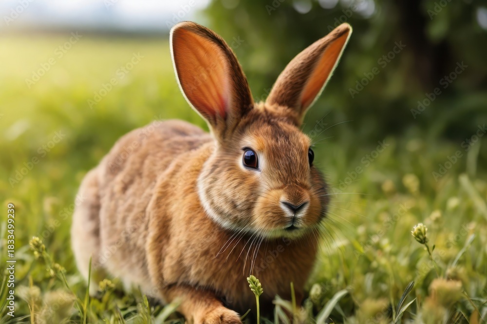 Fototapeta premium Alert Brown Rabbit in Lush Green Meadow