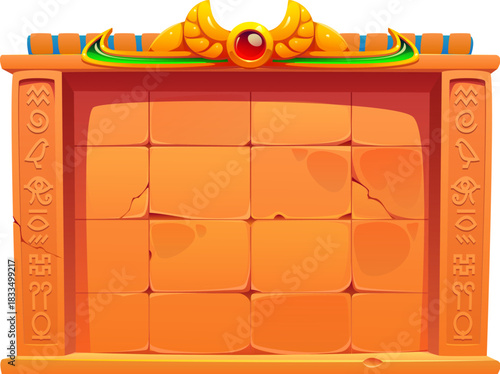 Ancient Egypt game frame or antique Egyptian stone board, cartoon vector GUI interface element. Egyptian stone wall of Pharaoh pyramid or tomb with Egypt hieroglyphs inscription arcade game menu board