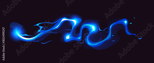 Magic light wave of power for wizard game vfx effect or cartoon glow, vector swirl trail. Magic wand spell power of blue line shine or sparkle of power wind flow or energy curved motion for game