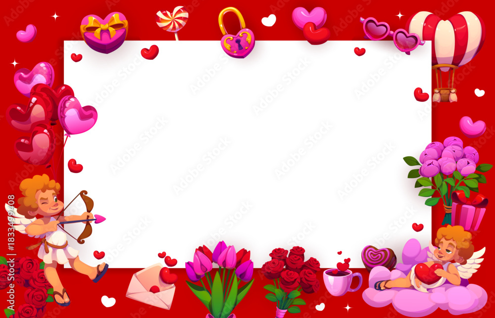 Obraz premium Valentines day holiday greetings frame with playful, cute cartoon cherubs holding a heart and a bow with an arrow. Gifts, balloons, roses and desserts on bold red background for romantic celebration