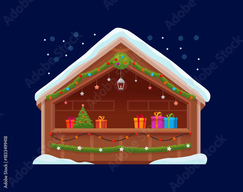 Christmas winter market stall, street bazaar kiosk, festive wooden booth decorated with garland, gifts and bright lights. Cozy cartoon vector night fair, featuring seasonal celebration atmosphere