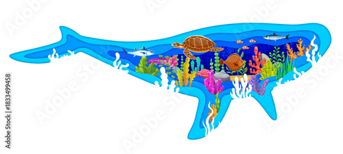 Paper cut whale silhouette with underwater landscape, sea animals and fishes, cartoon vector. Turtle with flounder and tuna, clownfish and coral reef seaweeds in paper cut underwater landscape