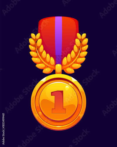 Game medal award icon, victory and achievement trophy golden badge, cartoon vector. Game medal with number 1 one or first place award with golden laurel wreath and chevron shield for top rank trophy