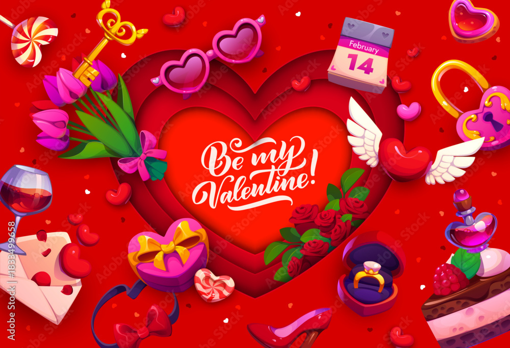 Naklejka premium Valentine day paper cut holiday greeting card with heart and flowers, vector love card. Be My Valentine quote for love holiday of paper cut heart, wedding ring and love message envelope with lollipop