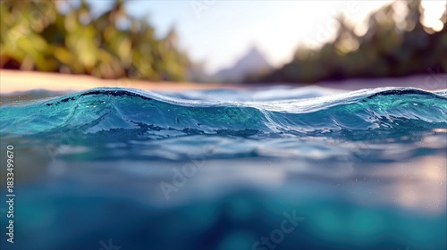 Fototapeta Naklejka Na Ścianę i Meble -  A beautiful ocean wave breaking above and below the water's surface, with a tropical beach and palm trees in the background, under a bright, sunny sky.
