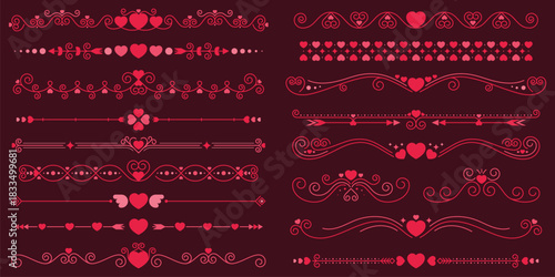 Valentines day love heart dividers and borders, frames and wedding ornaments feature hearts, swirls, arrows and decorative elements in shades of red and pink. Vector set of embellishments and trims