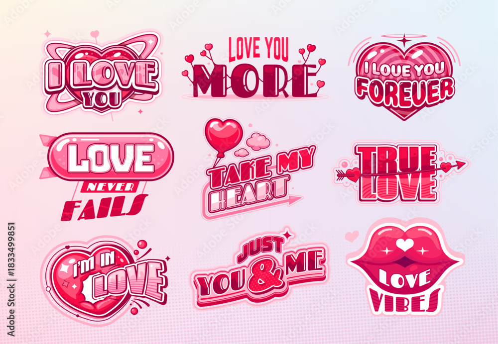 Fototapeta premium Y2k icons cartoon vector set with pink romantic phrases, hearts, lips, arrows, balloon, sparkle and cloud elements. Retro love quotes for valentines holiday in bold glossy lettering and hippie vibe