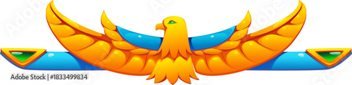 Ancient Egypt ornament and Egyptian divider frame and border, cartoon vector. Sacred eagle bird of with golden wings and jewel gems for Egyptian ornament or divider frame or decoration element