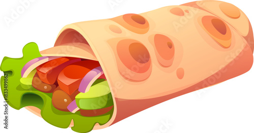 Cartoon fast food or takeaway sandwich of burrito wrap of Mexican cuisine, vector icon. Tex Mex fast food burrito in tortilla or gyros and doner kebab for fastfood restaurant snacks and takeaway menu
