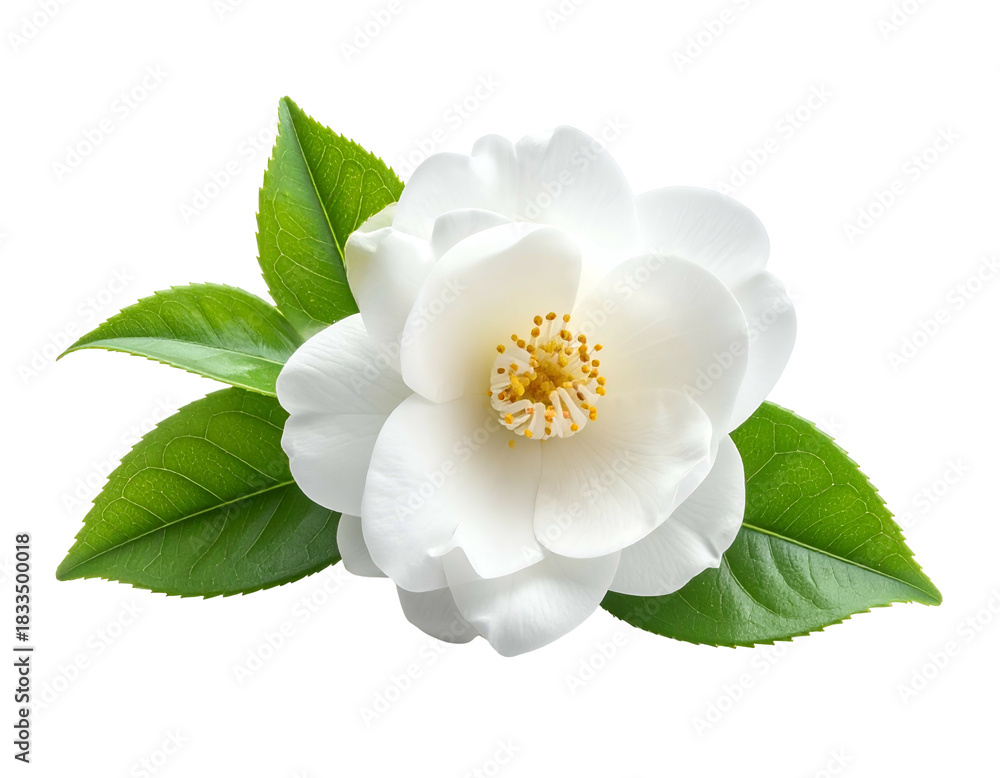 Fototapeta premium Elegant white flower with vibrant green leaves on dark backdrop