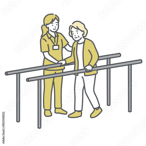 平行棒を使った歩行訓練・リハビリテーションのイラスト（介護士と高齢者）