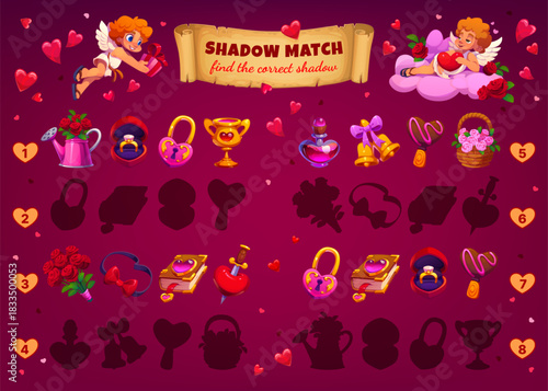Find the correct shadow of valentine day gifts. Kids vector love game worksheet riddle with cartoon cherub characters and holiday items, hearts, potions, bouquets and desserts, children activity quiz