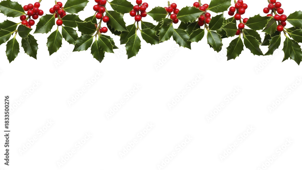 Fototapeta premium Holly leaves and red berries border on a transparent background PNG image
