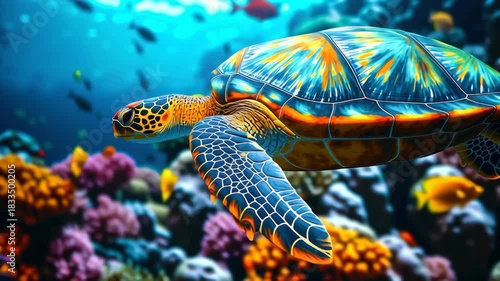 Vibrant sea turtle swimming colorful coral reef tropical ocean marine life underwater wildlife nature aquatic graceful movement sunlight rays