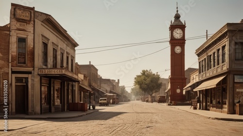 Dusty Town Street Scene with Vintage Clock Tower