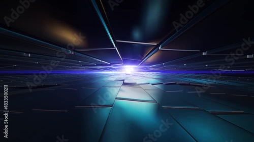Abstract futuristic tunnel environment with glowing neon lights and fast motion perspective. Dynamic light streaks and reflective surfaces create a high-tech, sci-fi atmosphere. Perfect for technology