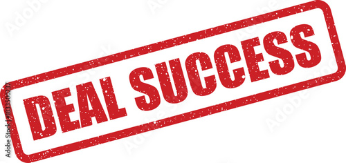 Rectangular rubber stamp featuring deal success message, conveying a completed transaction with textured effect