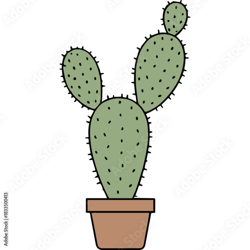 Illustration of a green prickly pear cactus plant with small black dots growing in a brown pot isolated on a plain black background