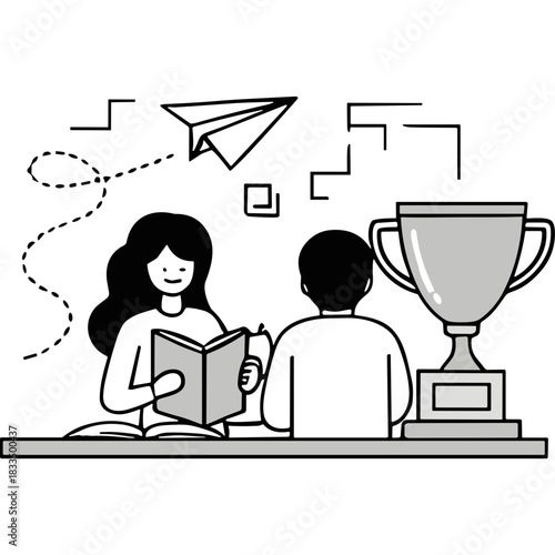 Illustration of a person reading a book next to a large trophy with a paper airplane flying overhead symbolizing education achievement and success in a minimalist style