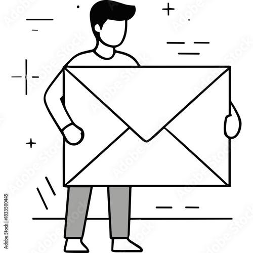 Illustration of a person in casual attire holding a large white envelope against a black background in a minimalist flat design style conveying a message or delivery concept