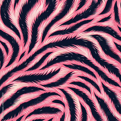 Vibrant pink and black abstract animal fur texture, a stylized representation of wild animal skin with a flowing pattern