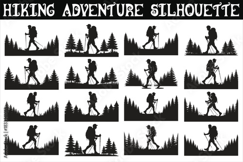 A bold black silhouette of a hiker climbing a mountain, featuring a backpacker in an adventurous pose against a rugged peak.
