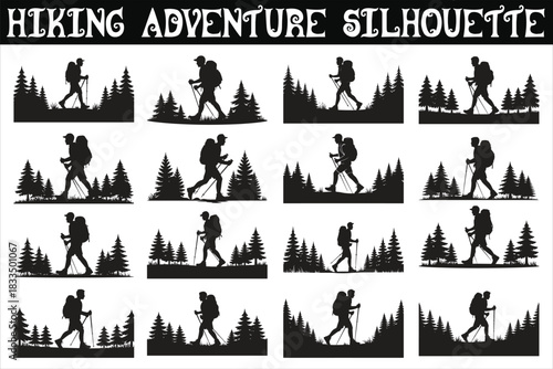 A bold black silhouette of a hiker climbing a mountain, featuring a backpacker in an adventurous pose against a rugged peak.