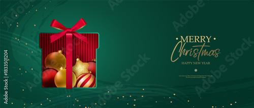 A festive banner with the words Merry Christmas and Happy New Year and a gift box filled with Christmas baubles. Illustrations for greeting cards, website banners, and social media