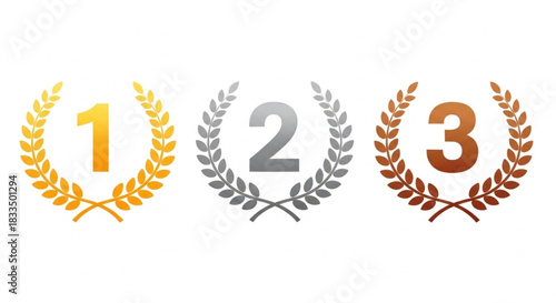 Golden, Silver, and Bronze Laurel Wreaths with Numbers 1, 2, and 3 for Award and Competition Winners