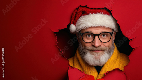 Modern stylish Santa Claus with red box in his hands looks through torn hole red paper background jumping, points his hand to empty place of copy space background. Xmas copy space