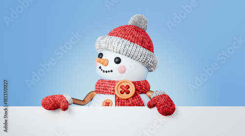 Snowman holding white copy space web banner Looking right 3D
