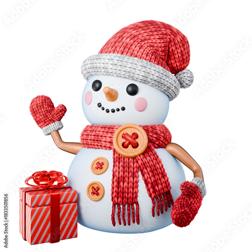Snowman wave hand wearing knitted gloves and Santa cap 3D